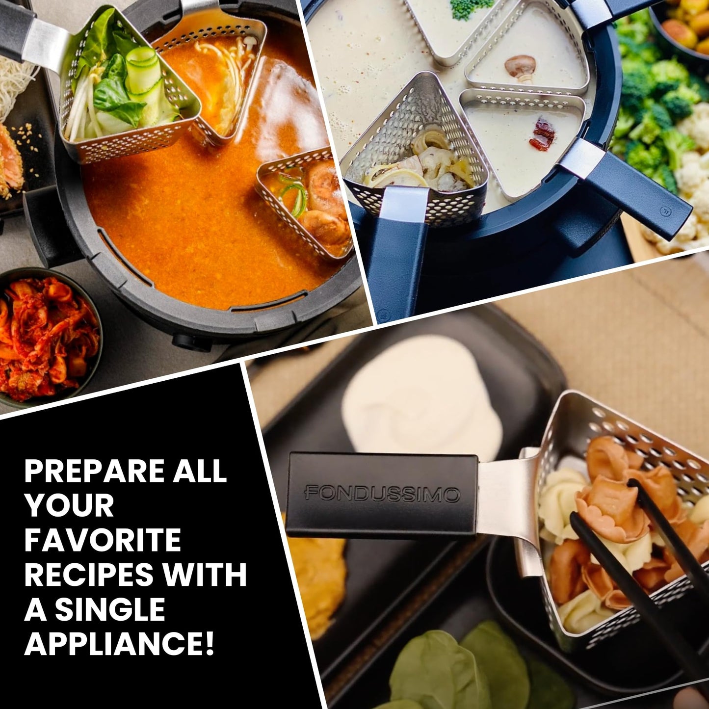 Evolution 3 in 1 Electric Fondue Set - Broth, Cheese, Chocolate Fondue Pot - Temp Control, Ceramic Bowl, 6 Baskets & Tongs - includes Cheese & Chocolate