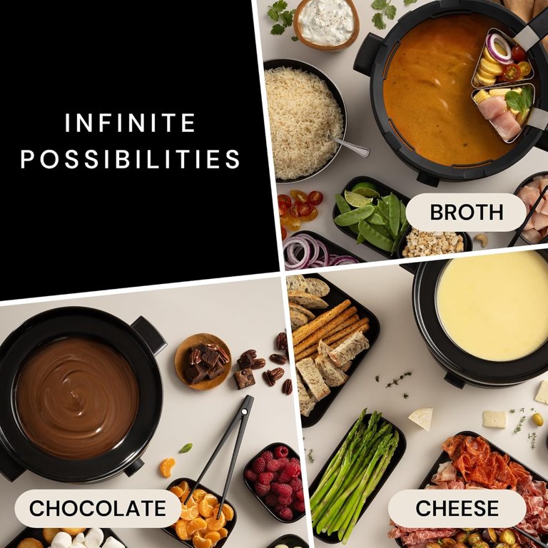Evolution 3 in 1 Electric Fondue Set - Broth, Cheese, Chocolate Fondue Pot - Temp Control, Ceramic Bowl, 6 Baskets & Tongs - includes Cheese & Chocolate