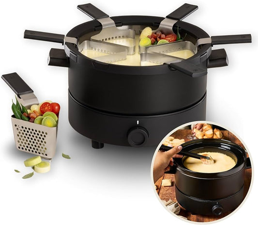 Evolution 3 in 1 Electric Fondue Set - Broth, Cheese, Chocolate Fondue Pot - Temp Control, Ceramic Bowl, 6 Baskets & Tongs - includes Cheese & Chocolate