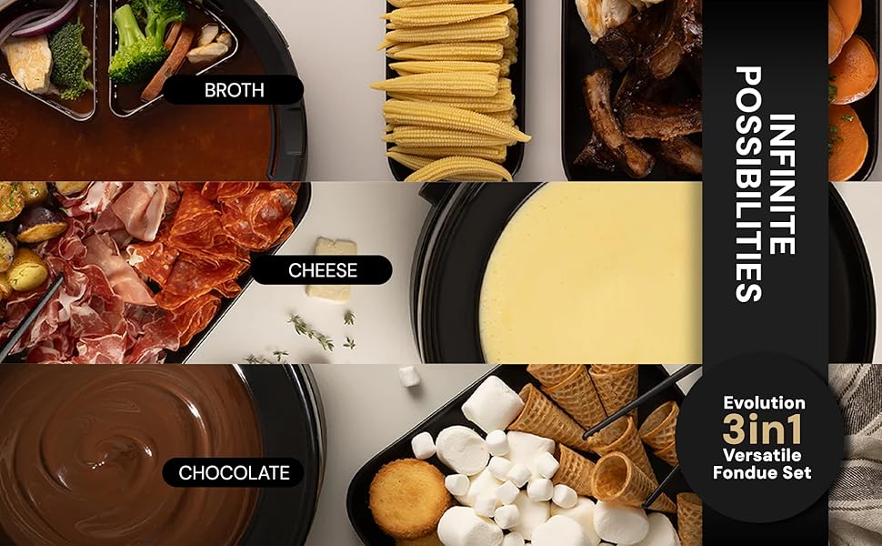 Evolution 3 in 1 Electric Fondue Set - Broth, Cheese, Chocolate Fondue Pot - Temp Control, Ceramic Bowl, 6 Baskets & Tongs - includes Cheese & Chocolate