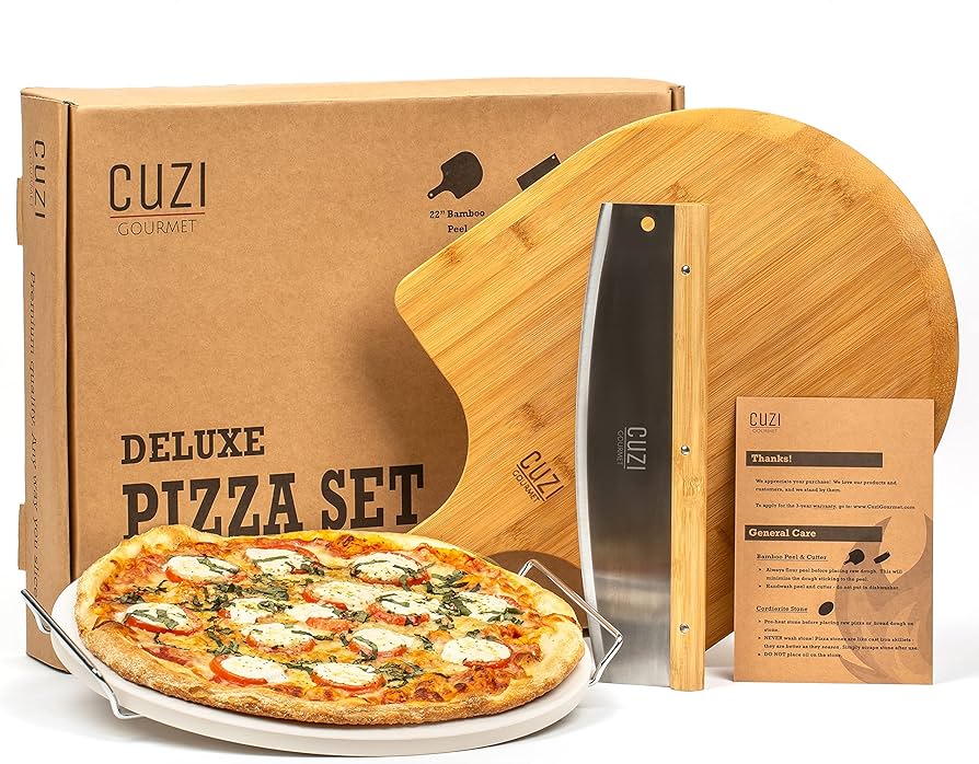 Cuzi Gourmet XL - 4 Piece Pizza Stone Set - 15" Thermal Shock Resistant Cordierite Baking Stone, 22" Natural Bamboo Peel & Cutter Rocker - Large Stone for Grill and Oven