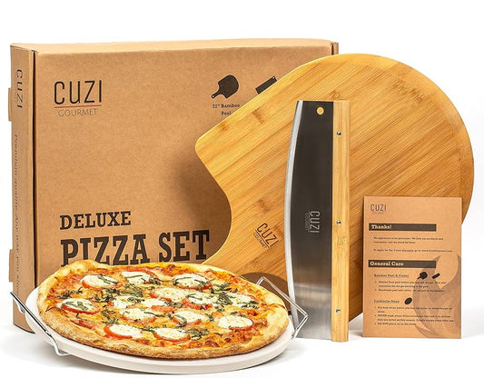 Cuzi Gourmet XL - 4 Piece Pizza Stone Set - 15" Thermal Shock Resistant Cordierite Baking Stone, 22" Natural Bamboo Peel & Cutter Rocker - Large Stone for Grill and Oven