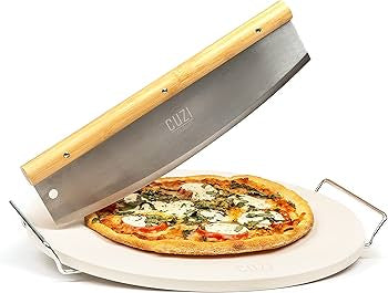 Cuzi Gourmet XL - 4 Piece Pizza Stone Set - 15" Thermal Shock Resistant Cordierite Baking Stone, 22" Natural Bamboo Peel & Cutter Rocker - Large Stone for Grill and Oven