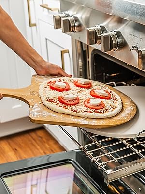 Cuzi Gourmet XL - 4 Piece Pizza Stone Set - 15" Thermal Shock Resistant Cordierite Baking Stone, 22" Natural Bamboo Peel & Cutter Rocker - Large Stone for Grill and Oven