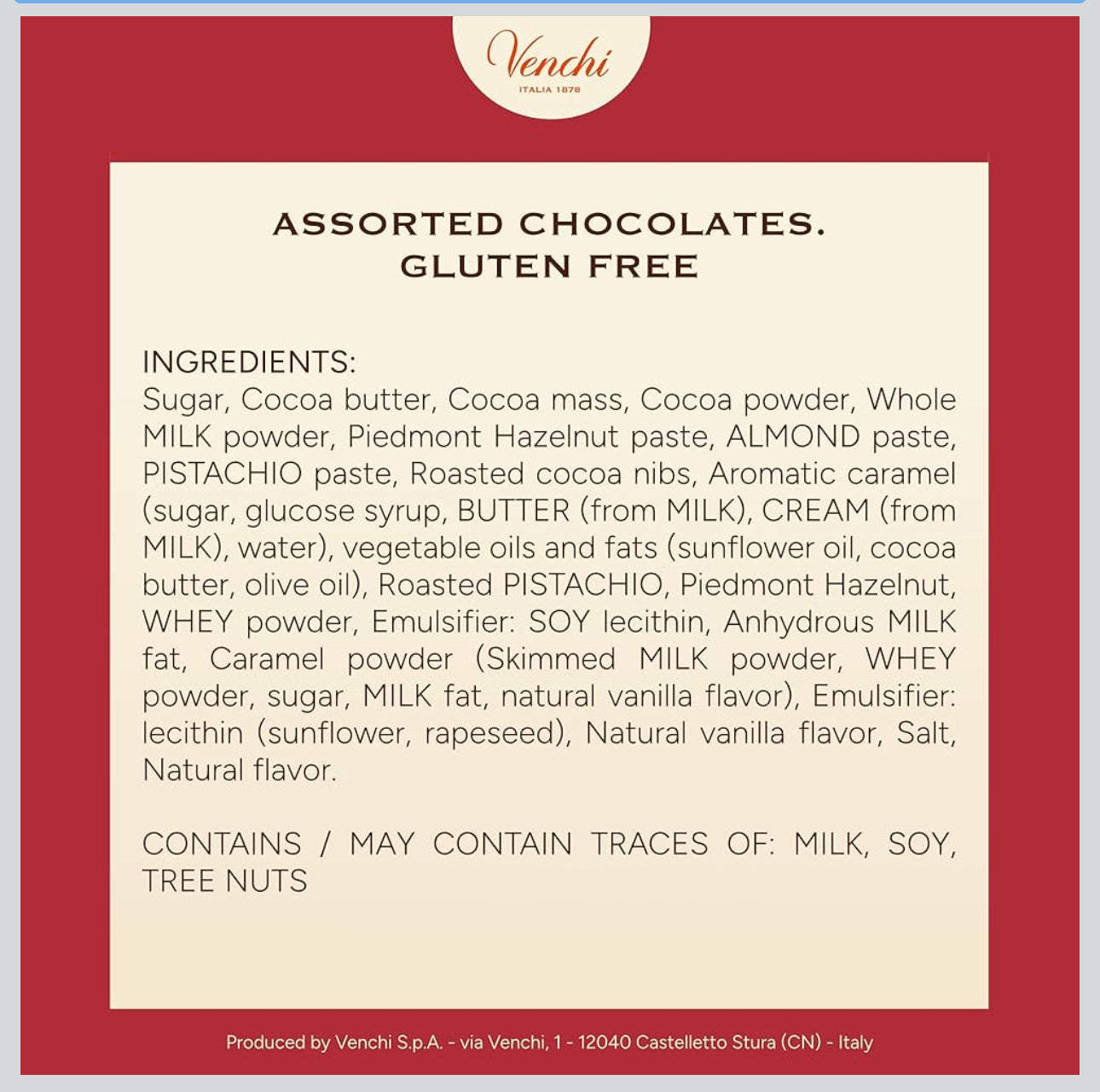 Venchi Italian Chocolate Christmas Gift Box with Assorted Cremini & Chocoviar, Limited Edition, 10.9 oz, Gluten-Free