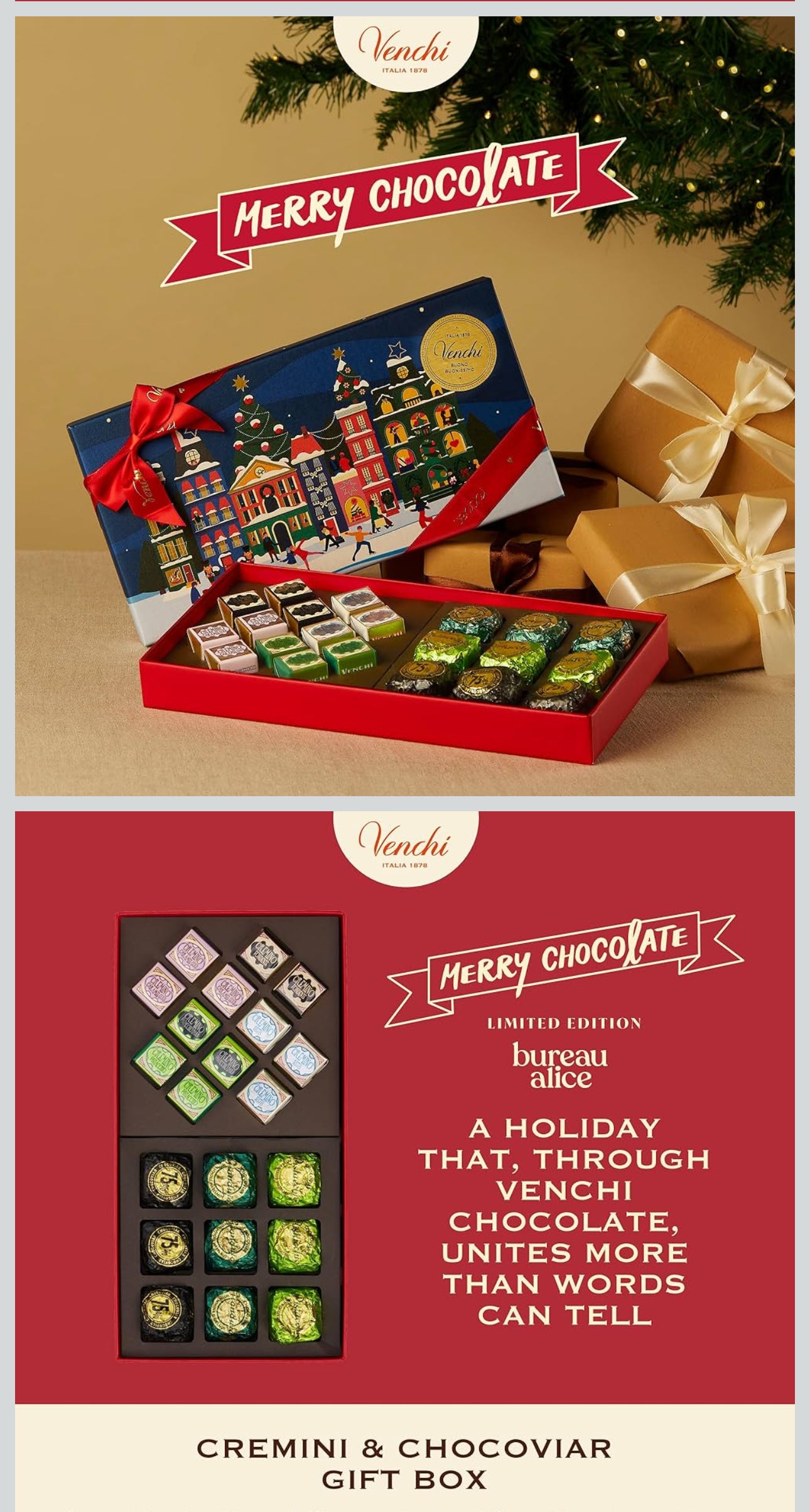 Venchi Italian Chocolate Christmas Gift Box with Assorted Cremini & Chocoviar, Limited Edition, 10.9 oz, Gluten-Free