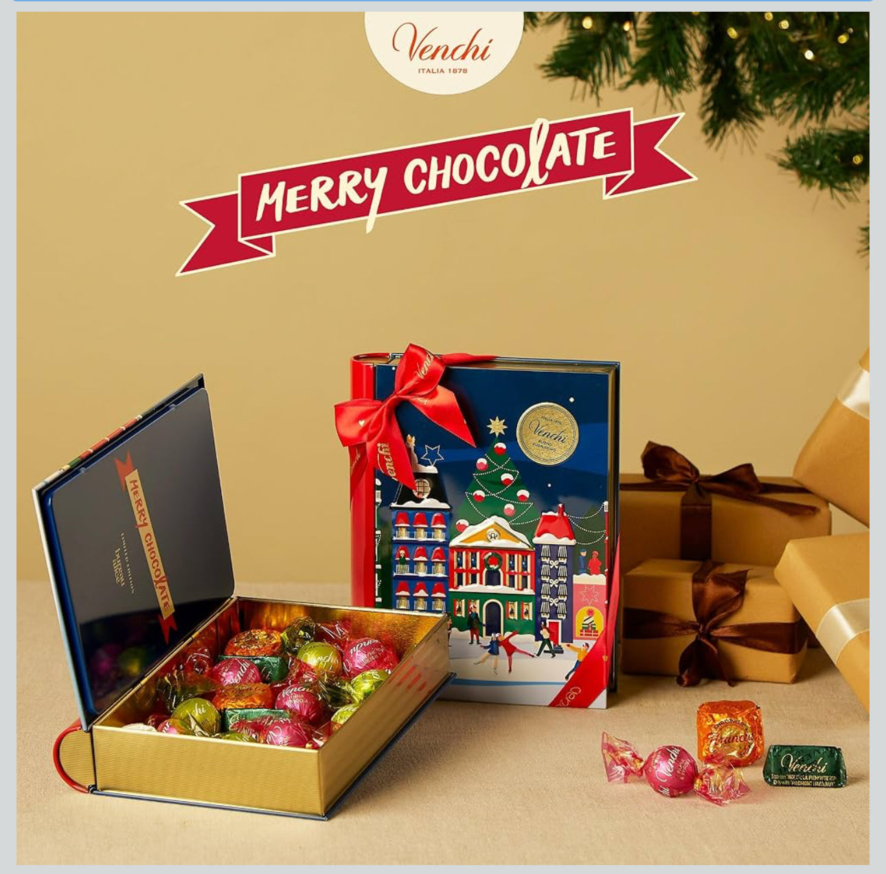 Venchi Italian Chocolate Christmas Book with Assorted Chocolates, Gianduiotto and Chocoviar, Limited Edition, Gluten-Free