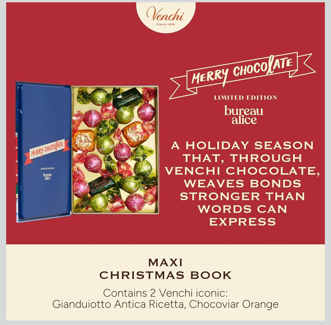 Venchi Italian Chocolate Christmas Book with Assorted Chocolates, Gianduiotto and Chocoviar, Limited Edition, Gluten-Free