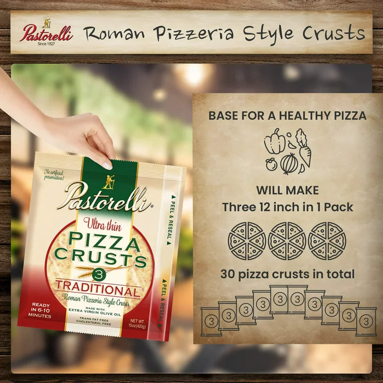 Pastorelli Family Pizza Party Set -Includes 3 Whole Wheat Pizza Crusts 12“, 6 Traditional Pizza Crusts 12”, Italian Chef Pizza Sauce, Savory Pizza Seasoning