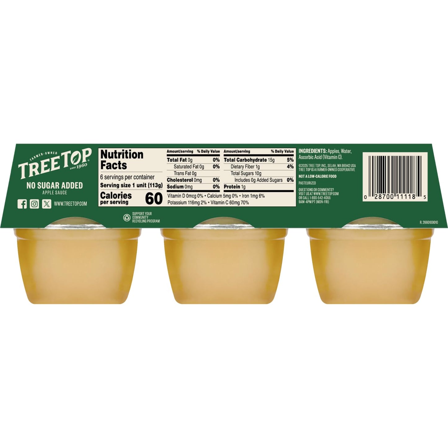Tree Top No Sugar Added Organic Apple Sauce, 6 Count - Pack of 1