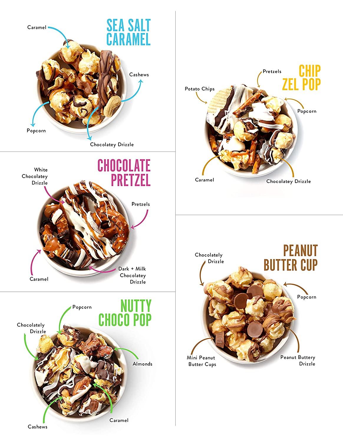 Funky Chunky Gourmet Popcorn Sampler Variety - Sea Salt Caramel, Nutty Choco Pop, Peanut Butter Cup, Chip Zel Pop, and Chocolate Pretzel - 2 oz - Pack of 5