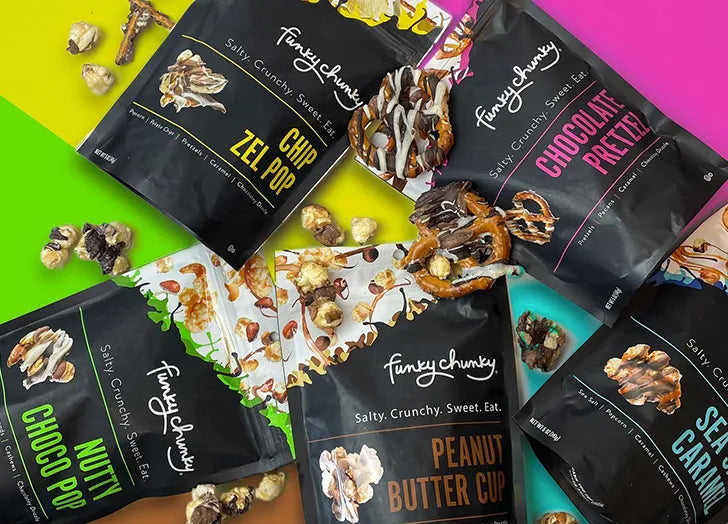 Funky Chunky Gourmet Popcorn Gift Set - Sea Salt Caramel, Peanut Butter Cup, Nutty Choco Pop, Chocolate Pretzel & Chip Zel Pop, 5 oz Bags (4) & 19-Ounce Canisters (4) Variety - Pack of 8