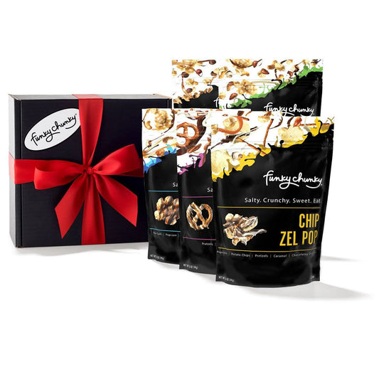 Funky Chunky Gourmet Popcorn Sampler Variety - Sea Salt Caramel, Nutty Choco Pop, Peanut Butter Cup, Chip Zel Pop, and Chocolate Pretzel - 5 oz - Pack of 5