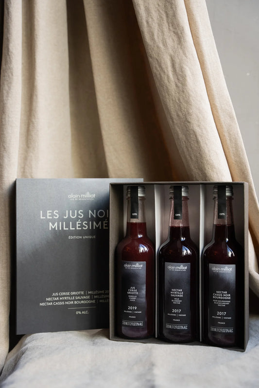 Alain Milliat “The Vintage Black Juices" Gourmet Aged Collector's Gift Box | Three 11.2 Fl Oz Glass Bottles - Morello Cherry Juice/Blackcurrent Nectar/Blueberry Nectar, Imported from France