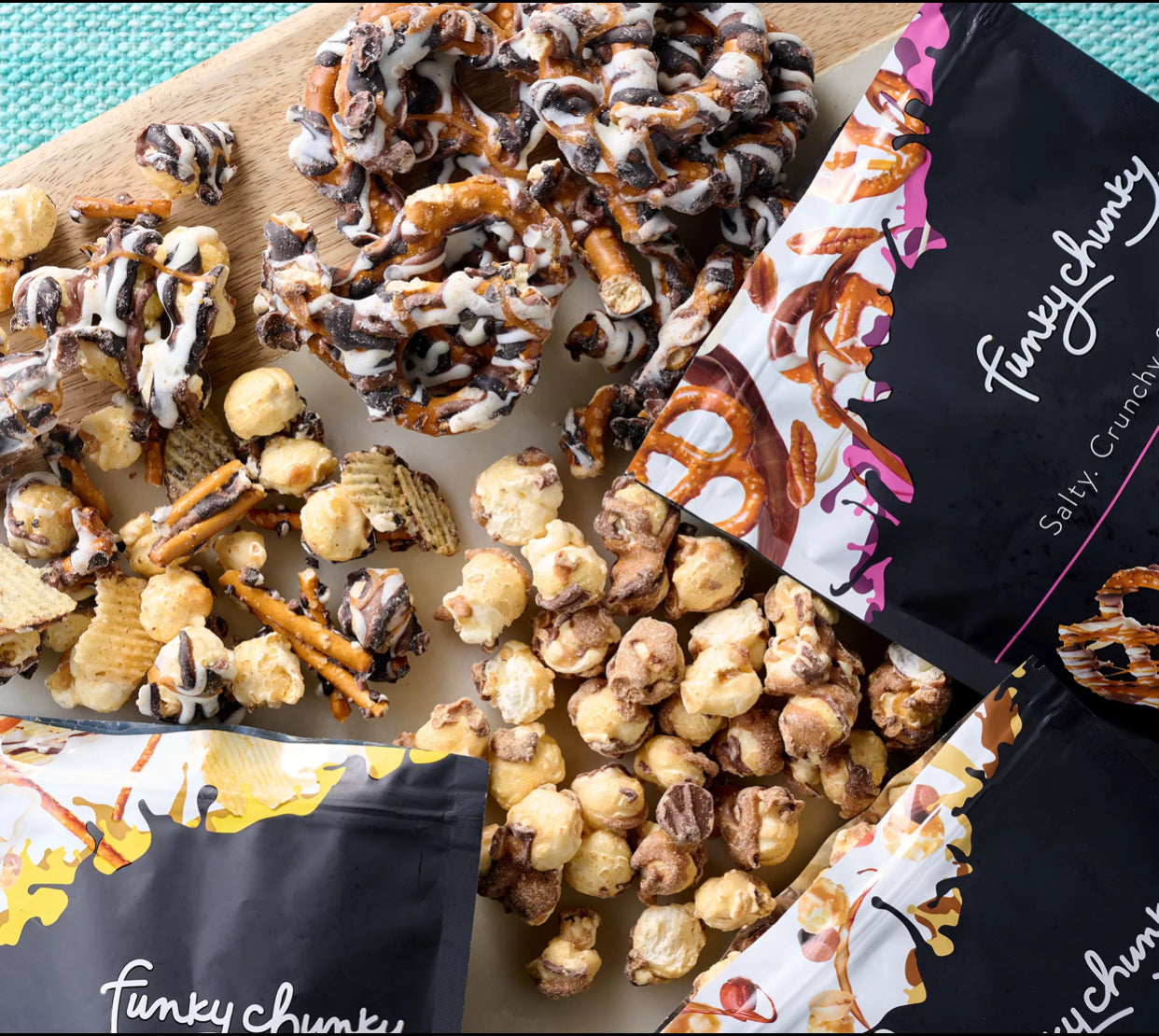 Funky Chunky Gourmet Popcorn Gift Set - Sea Salt Caramel, Peanut Butter Cup, Nutty Choco Pop, Chocolate Pretzel & Chip Zel Pop, 5 oz Bags (4) & 19-Ounce Canisters (4) Variety - Pack of 8