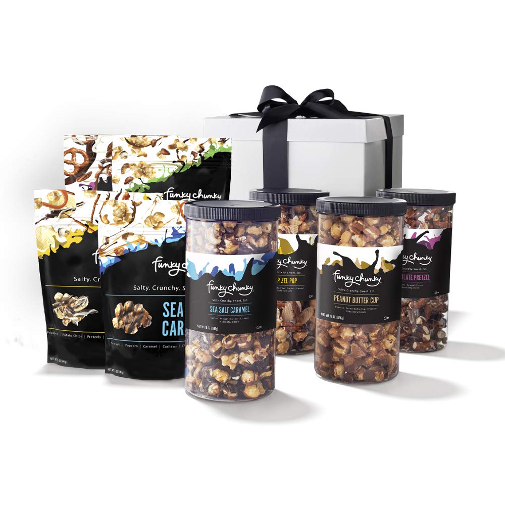 Funky Chunky Gourmet Popcorn Gift Set - Sea Salt Caramel, Peanut Butter Cup, Nutty Choco Pop, Chocolate Pretzel & Chip Zel Pop, 5 oz Bags (4) & 19-Ounce Canisters (4) Variety - Pack of 8
