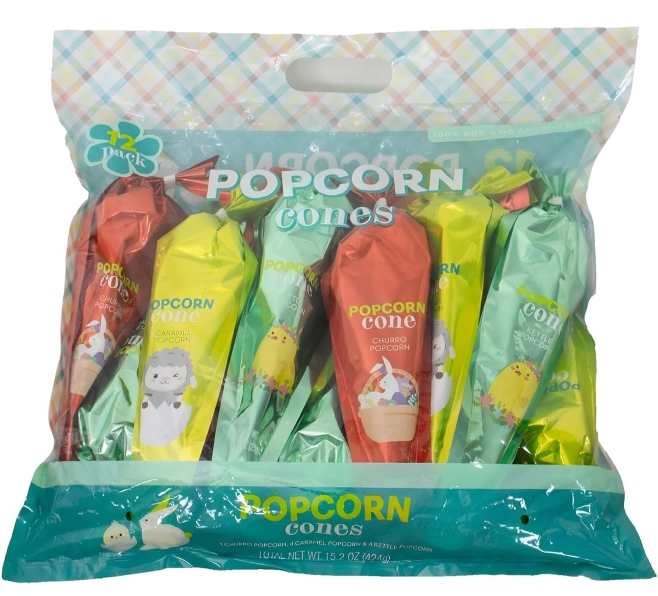 Popcorn Variety Cones, Non-GMO - Kettle Corn, Caramel Corn, Confetti Corn - Pack of 12