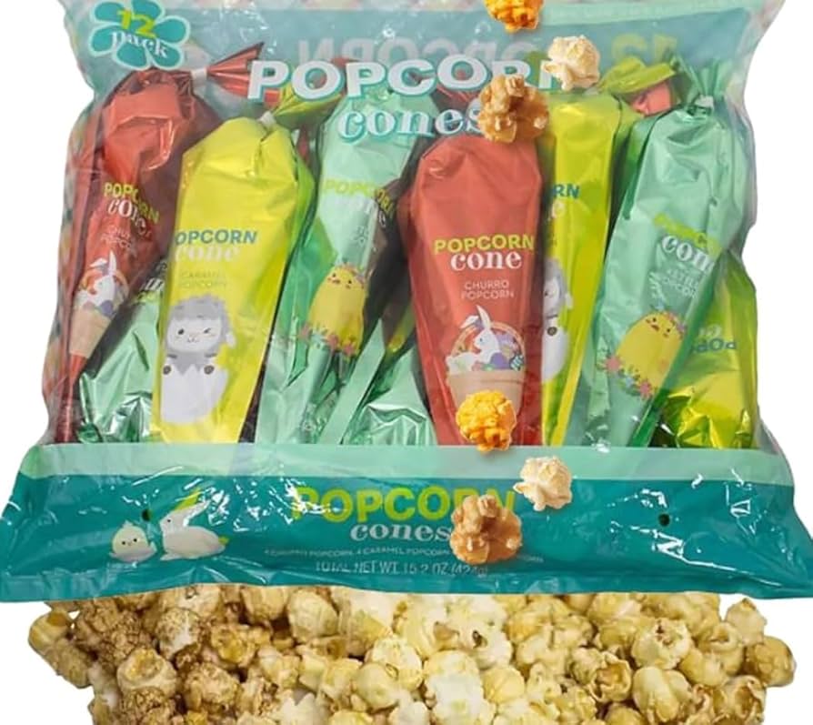 Popcorn Variety Cones, Non-GMO - Churro, Kettle and Caramel Corn - Pack of 12
