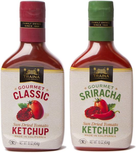 Traina Home Grown Gourmet Classic and Sriracha Ketchup Pack - No Corn Syrup, Non-GMO, 16 oz  - Pack of 2