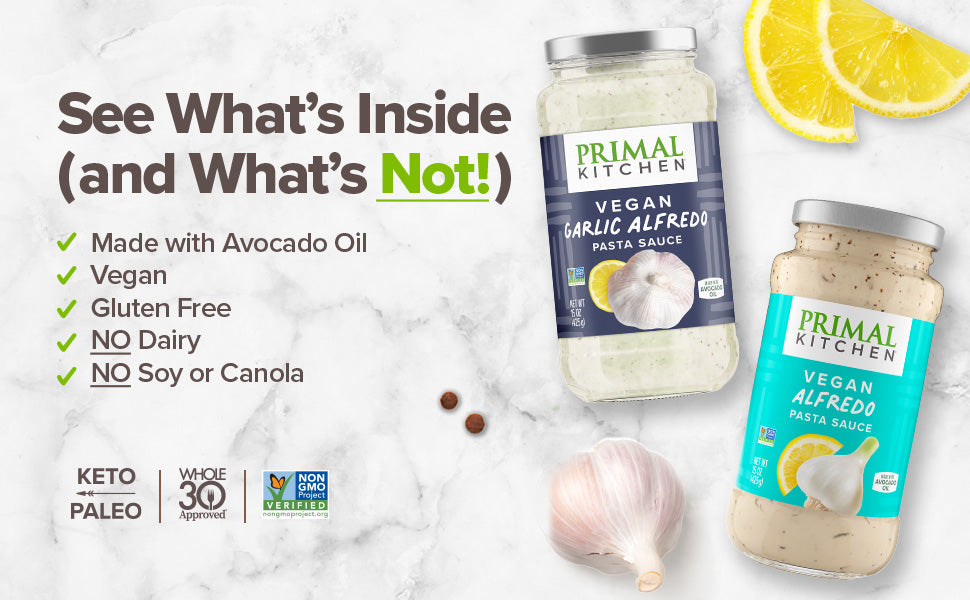 Primal Kitchen Alfredo Pasta Sauce, Gluten Free , No Dairy - Added Sugar, Includes Original and Garlic Alfredo Sauce - Pack of 2