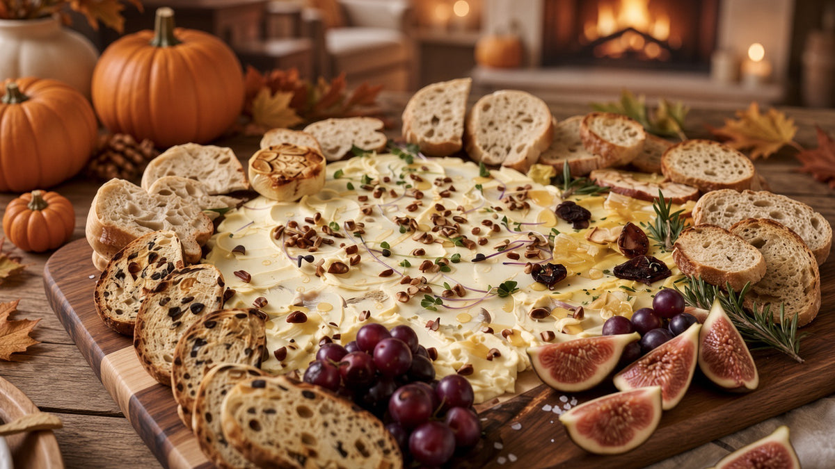 Celebrate the season with the Gobble & Gather Butter Board, an artfully arranged grazing experience designed to make holiday entertaining simple. Featuring silky, premium French butter layered with autumn toppings like figs and honey, it’s a guest-friendly show-stopper. Pair it with your favorite charcuterie, cheese, and wine for a cozy Thanksgiving night.