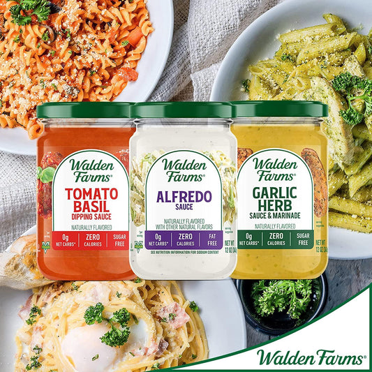 Walden Farms Pasta Sauce Variety - Garlic & Herb Pasta Sauce, Pasta Sauce Alfredo, Pasta Sauce Tomato and Basil, 12 oz - Pack of 3