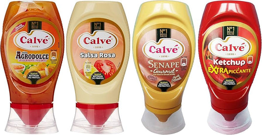 Calvé Italian Sauces - Ketchup Extra Piccante, Salsa Agrodolce, Salsa Rosa, Senape Gourmet Sauce - 8.8 oz, Imported from Italy - Pack of 4