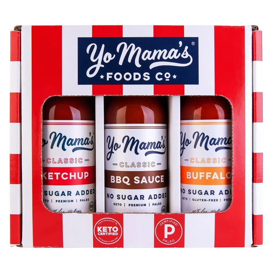 Yo Mama’s Foods Low Carb Condiments Gift Set | Includes (1) Buffalo Sauce, (1) Classic Ketchup, (1) BBQ Sauce | Keto-Paleo | All-Natural | Gluten-Free and Made from Fresh Ingredients