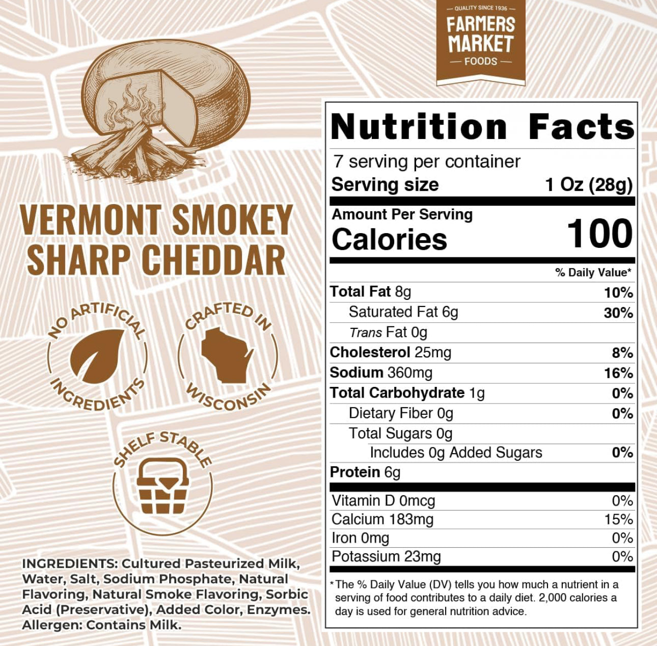 Farmers' Market Vermont Smokey Sharp Cheddar Cheese Block, 7 oz - Pack of 3