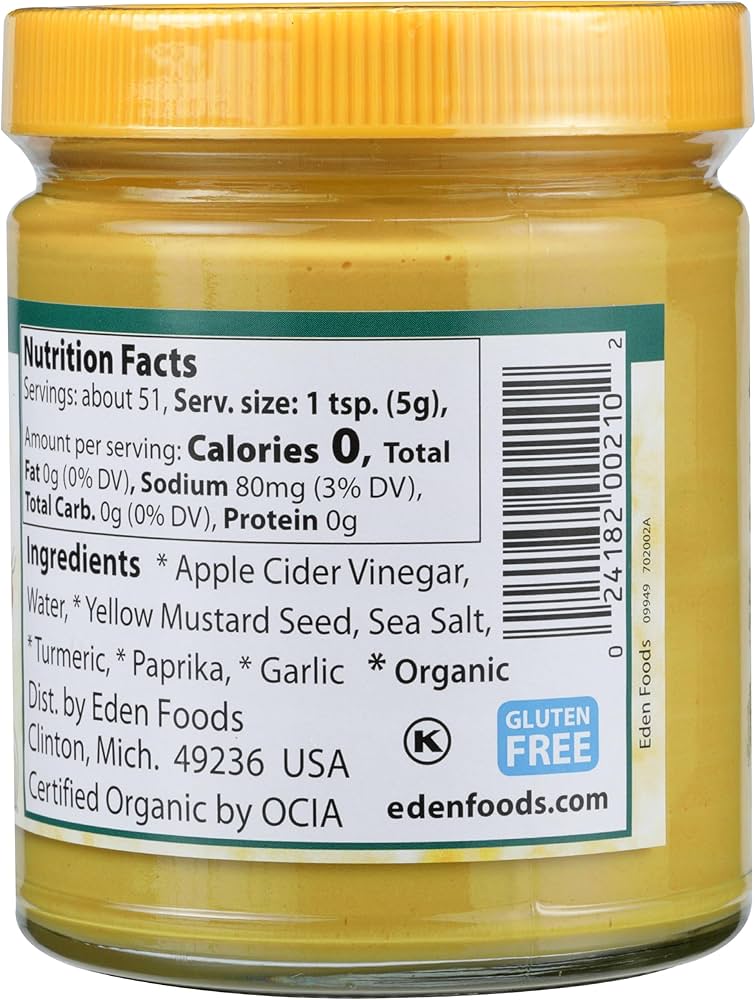 Eden Organic Yellow Mustard - Glass Jar, Stone Ground, with Apple Cider Vinegar, 9 oz - Pack of 2