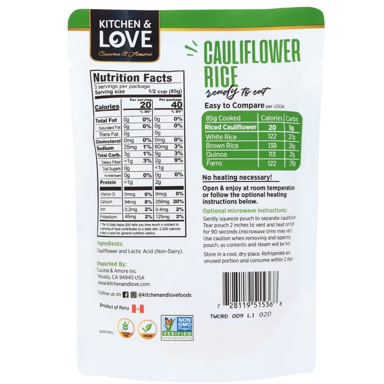Kitchen & Love Organic Riced Cauliflower, 8 oz (6 Pack)