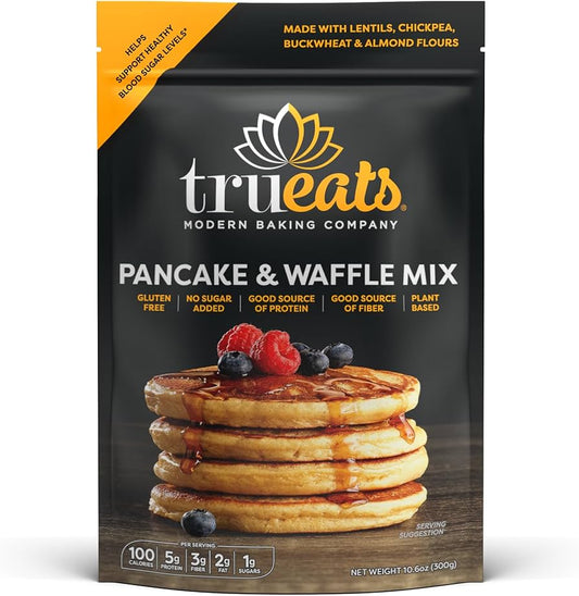 TruEats Pancake & Waffle Mix - Diabetic Friendly, Protein & Fiber Rich, Low Glycemic & Gluten Free, No Sugar Added, Vegan Friendly, Dairy Free, Plant Based, Sweetened with Monk Fruit Sweetener - Pack of 2