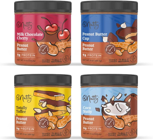 BNutty Chocolate Dream Variety Pack | Natural, Crunchy, Creamy & Gluten Free Peanut Butter Jars & Spread | Peanut Butter Cup, Milk Chocolate Cherry, Totally Toffee & Coco - 4 Pack