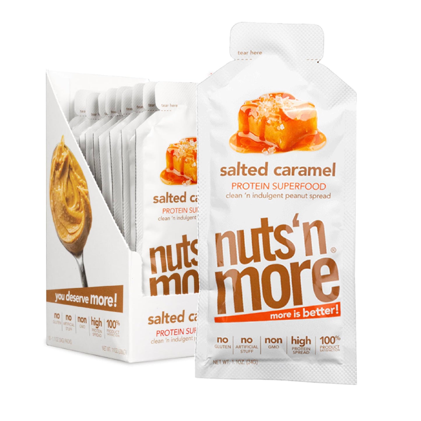 Nuts 'N More Salted Caramel Snack Packs - High Protein Peanut Spread, Low Carb, Low Sugar, Gluten Free, Non-GMO, with Omega-3s and Antioxidants - 1.10 oz Packets, Pack of 10