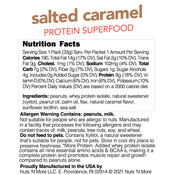 Nuts 'N More Salted Caramel Snack Packs - High Protein Peanut Spread, Low Carb, Low Sugar, Gluten Free, Non-GMO, with Omega-3s and Antioxidants - 1.10 oz Packets, Pack of 10
