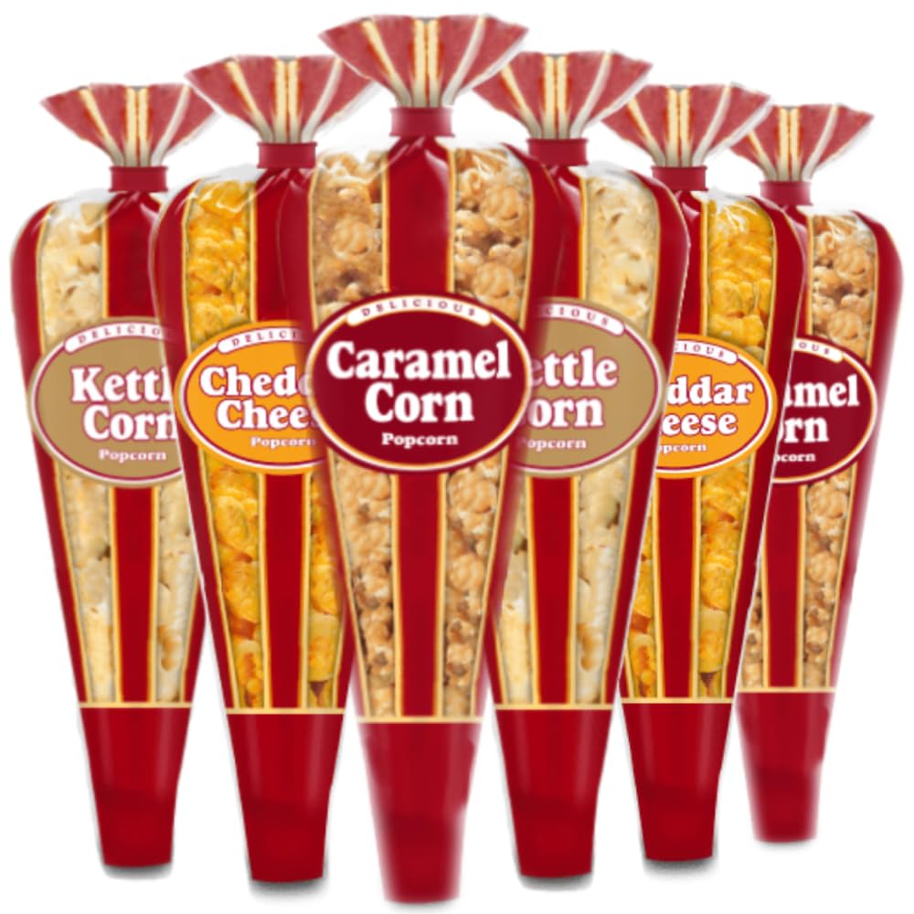 Popcornopolis Gourmet Popcorn – Premium Popcorn Mini Cones & Exclusive Inspirational Sticker, 8 oz - Variety Pack of 6