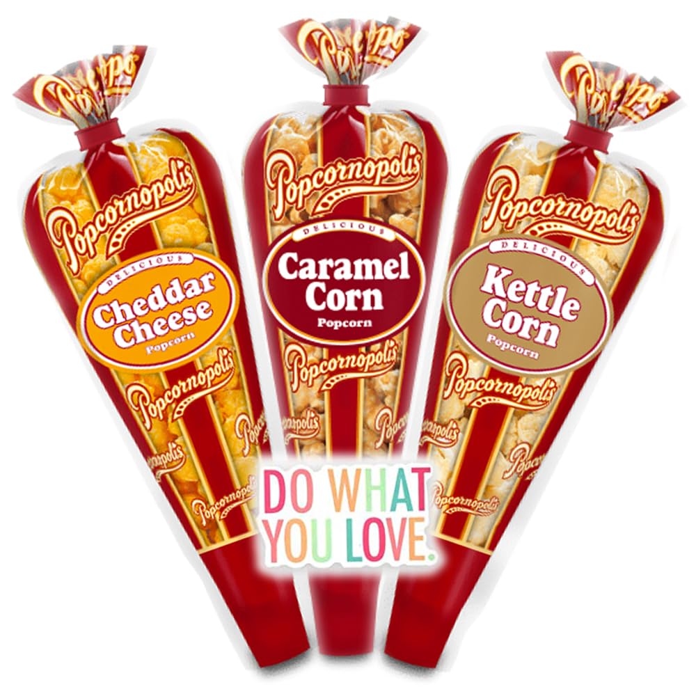 Popcornopolis Gourmet Popcorn – Premium Popcorn Mini Cones & Exclusive Inspirational Sticker, 8 oz - Variety Pack of 6