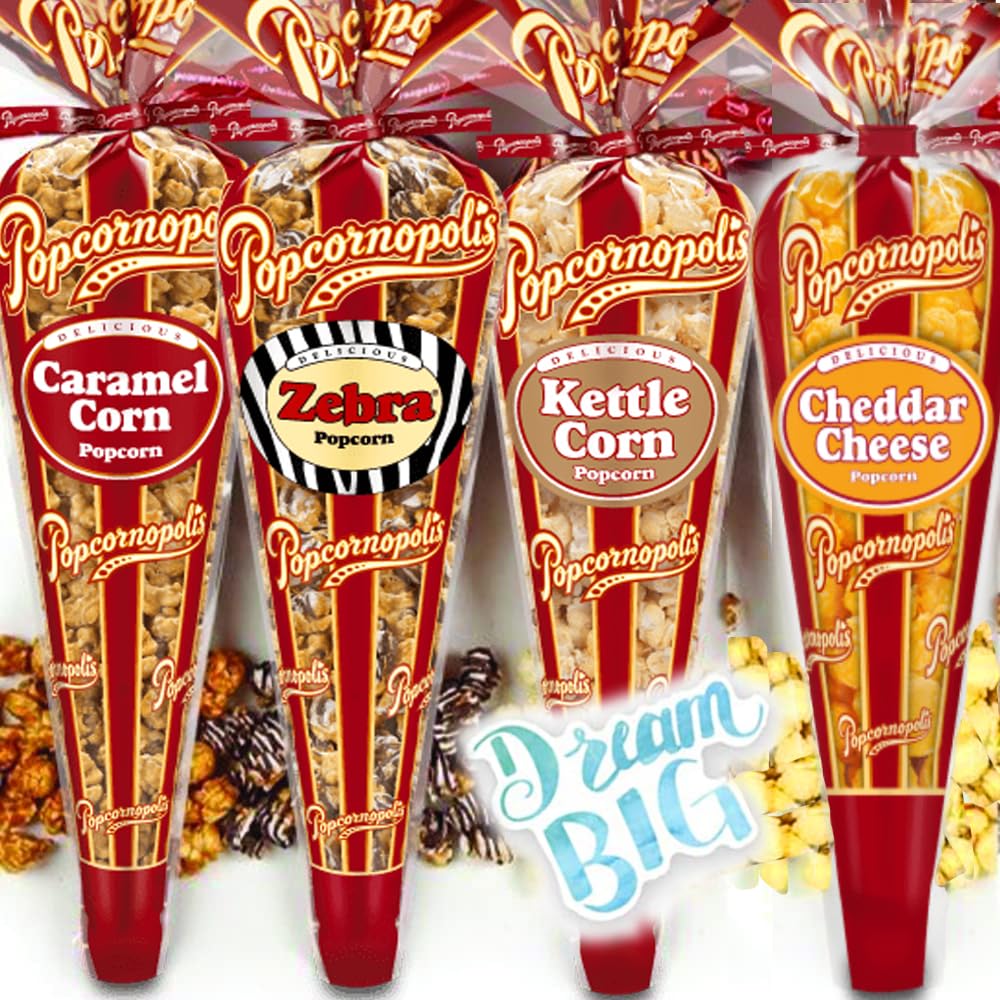 Popcornopolis Gourmet Popcorn – Premium Popcorn Mini Cones & Exclusive Inspirational Sticker, 8 oz - Variety Pack of 6