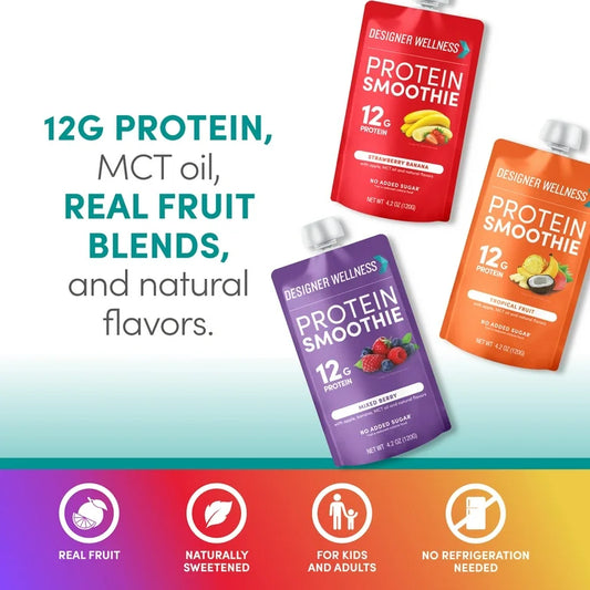 Designer Wellness Protein Smoothie, Real Fruit - 12g Protein, Low Carb, Zero Added Sugar, Gluten-Free, Non-GMO - 3 Flavor, Variety Pack of 12