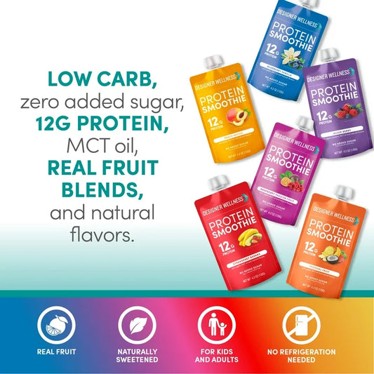 Designer Wellness Protein Smoothie, Real Fruit - 12g Protein, Low Carb, Zero Added Sugar, Gluten-Free, Non-GMO -  4 Flavor, Variety Pack of 12