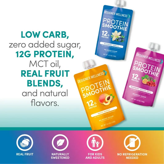 Designer Wellness Protein Smoothie, Real Fruit - 12g Protein, Low Carb, Zero Added Sugar, Gluten-Free, Non-GMO - 3 Super Fruits, Variety Pack of 12