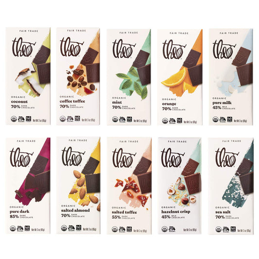 Theo Chocolate Organic Milk + Dark Chocolate Bars Classic Sampler Variety, Gluten Free, Non-Gmo - Pack of 10