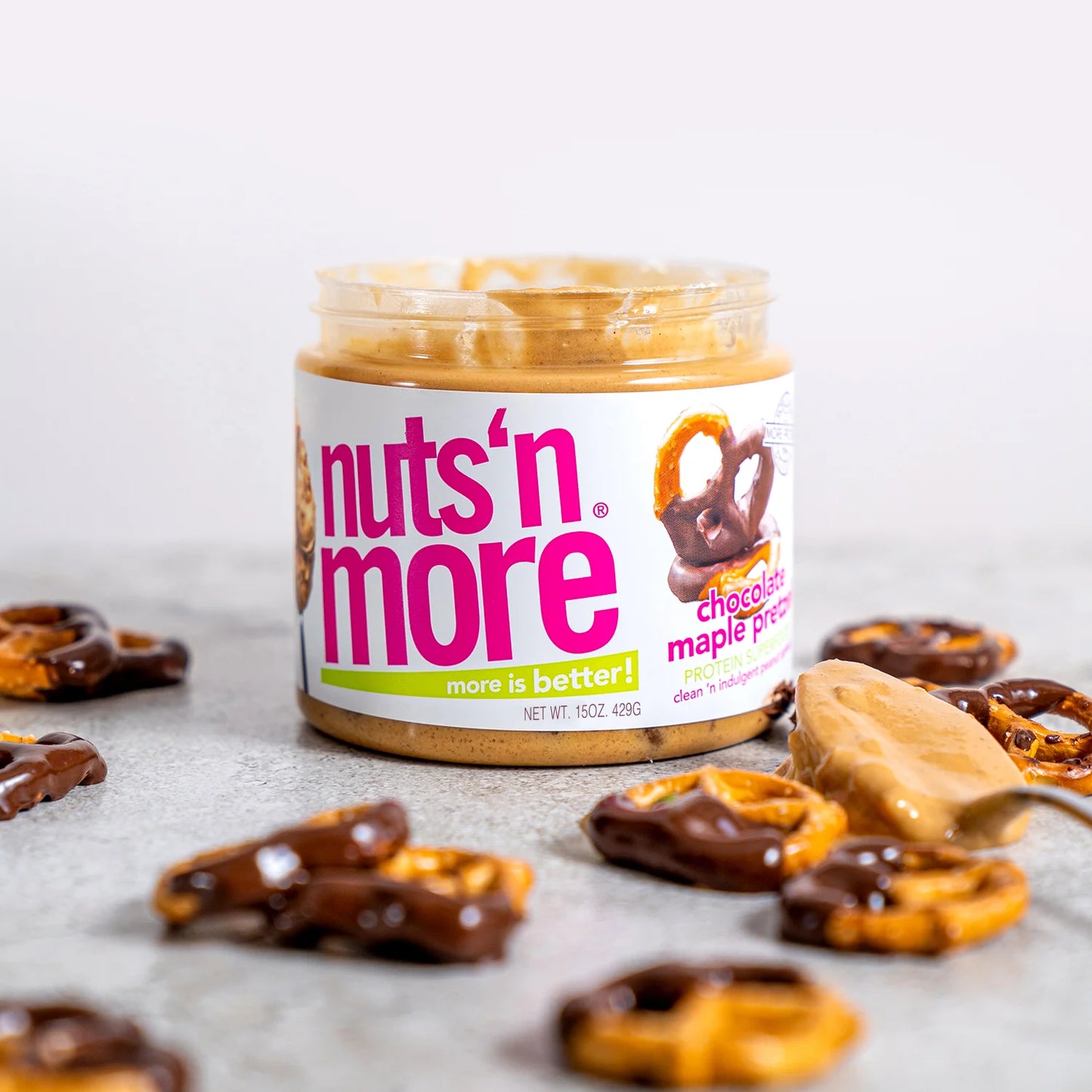 Nuts ‘N More Chocolate Maple Pretzel Peanut Butter Spread, Added Protein All Natural Snack, Low Carb, Low Sugar, Non-GMO, High Protein Flavored Nut Butter, 15 oz Jar - Pack of 2
