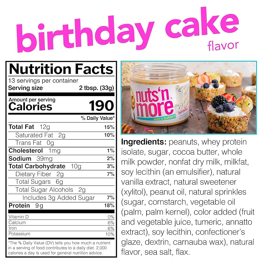 Nuts ‘N More Birthday Cake Peanut Butter Spread, Added Protein All Natural Snack, Low Carb, Low Sugar, Non-GMO, High Protein Flavored Nut Butter, 15 oz Jar - Pack of 2