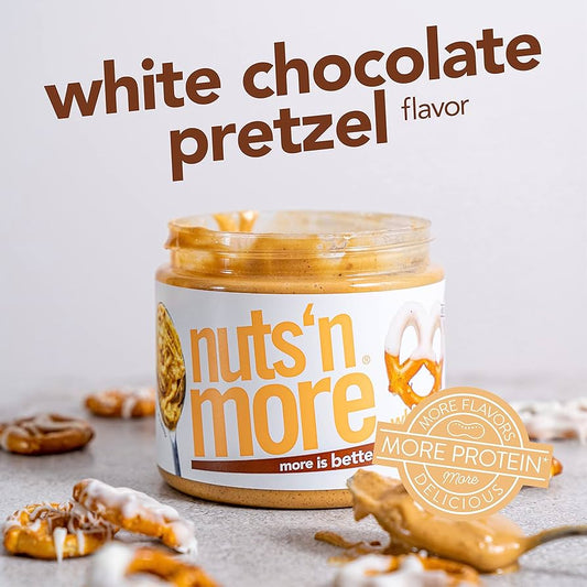 Nuts ‘N More White Chocolate Pretzel Peanut Butter Spread, Added Protein All Natural Snack, Low Carb, Low Sugar, Non-GMO, High Protein Flavored Nut Butter, 15 oz Jar - Pack of 2