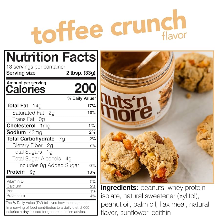 Nuts ‘N More Toffee Crunch Peanut Butter Spread, Added Protein All Natural Snack, Low Carb, Low Sugar, Non-GMO, High Protein Flavored Nut Butter, 15 oz Jar - Pack of 2
