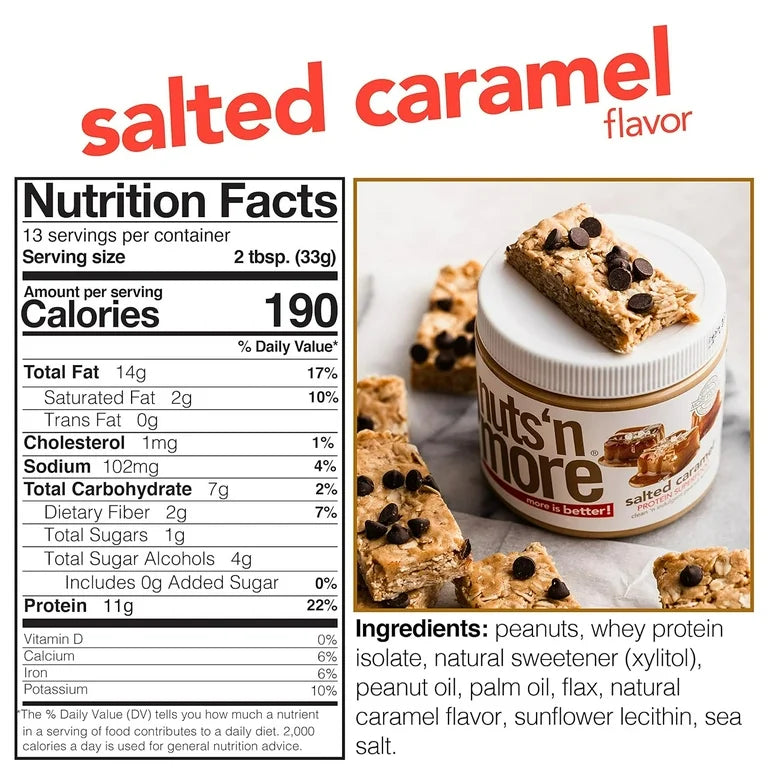 Nuts ‘N More Salted Caramel Peanut Butter Spread, Added Protein All Natural Snack, Low Carb, Low Sugar, Non-GMO, High Protein Flavored Nut Butter, 15 oz Jar - Pack of 2