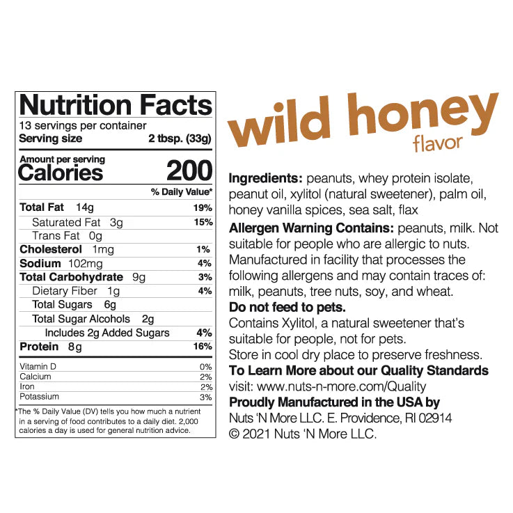 Nuts ‘N More Wild Honey Peanut Butter Spread, Added Protein All Natural Snack, Low Carb, Low Sugar, Non-GMO, High Protein Flavored Nut Butter, 15 oz Jar - Pack of 2
