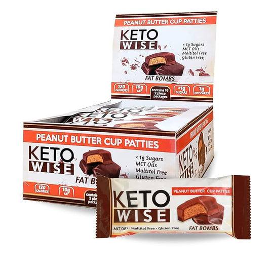 Keto Wise Fat Bombs - Peanut Butter Cup Patties, Made with Chocolate containing MCT Oil - Low Fat, Low Carb and Keto Friendly Snack - 10g Fat, 1g Net Carbs - 16 Count