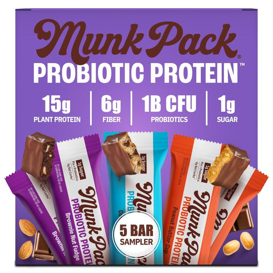 Munk Pack 15g Probiotic Protein Bars - 1g Sugar, 5g Net Carbs, Vegan + Keto Protein Bars, Plant Based Gut Health Snack, High Protein Snacks, Sampler Pack - 5 Count